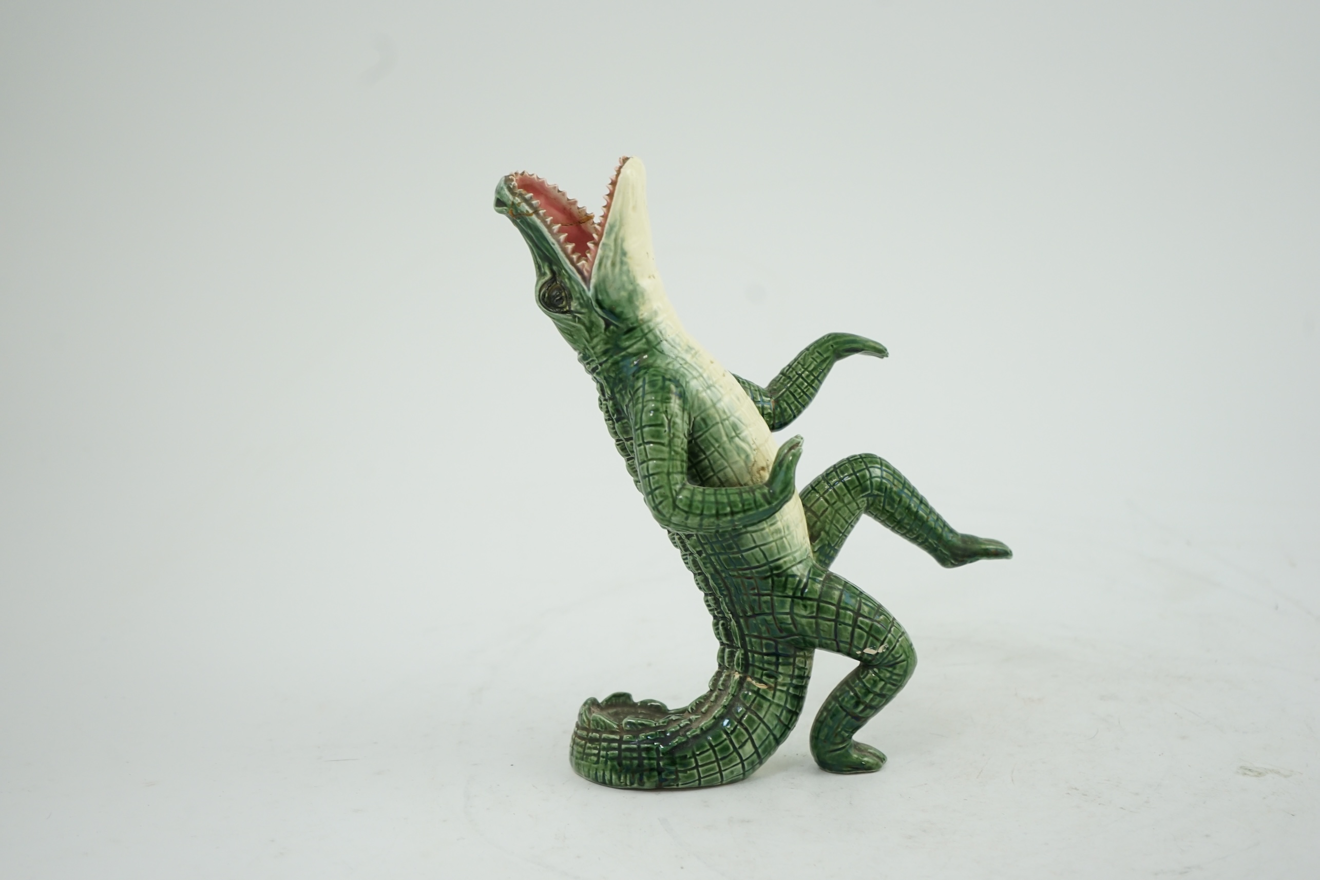 A late 19th century Continental majolica vase, in the form of a dancing crocodile